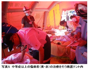 写真5 中等症以上の傷病者（黄・赤）の治療を行う救護テント内
