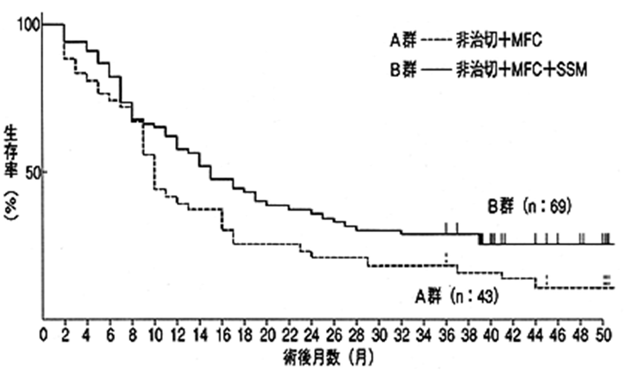 胃ガン非治癒切除症例の生存曲線（Kaplan-Meier法）-解析II-